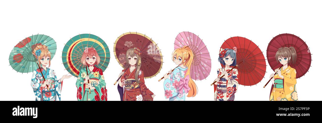 Gruppe von Anime-Manga-Mädchen in traditionellem japanischem Kimono-Kostüm mit Papierschirm. Vektordarstellung auf isoliertem Hintergrund. Gruppe Anime-Manga-Mädchen im Kimono mit Papierschirm Stock Vektor
