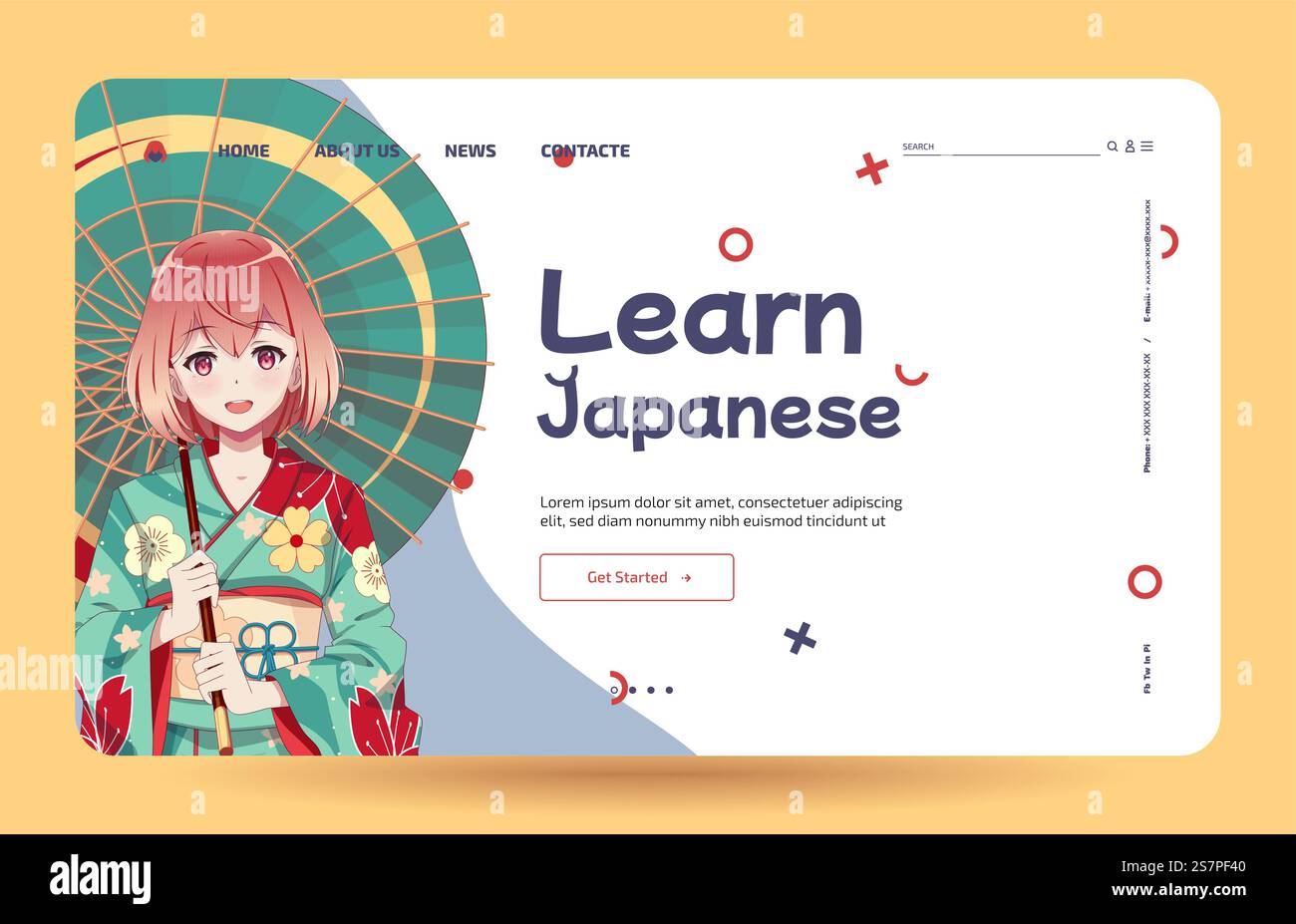 Anime-Manga-Mädchen in traditionellem japanischem Kimono-Kostüm mit Regenschirm. Japanisch lernen – Vorlage für Landing-Page. Vorlage für Landing-Page. Anime-Mädchen in Kimono und Regenschirm Stock Vektor