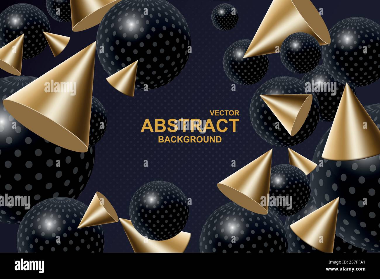 Abstrakter realistischer 3D-Hintergrund mit dynamischen Kugeln. Fallende schwarze Kugeln mit Punktmuster und goldenen Kegeln vor dunklem Hintergrund. Tapetendesign mit geometrischen Figuren. Vektorabbildung Stock Vektor
