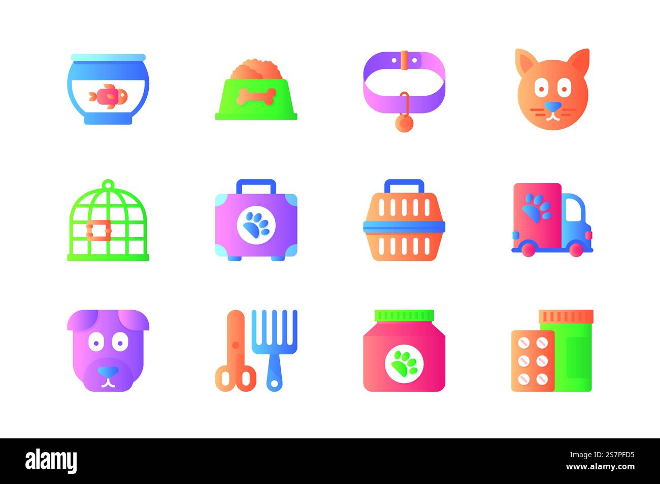 Veterinärsymbole in flachem Farbdesign. Packung Aquarienfische, Hund, Futterschale, Kragen, Katze, Käfig, Gepäck, Tragen, Pflegewerkzeuge, Pillen und anderes. Vektorpiktogramme für Websites und mobile Apps Stock Vektor