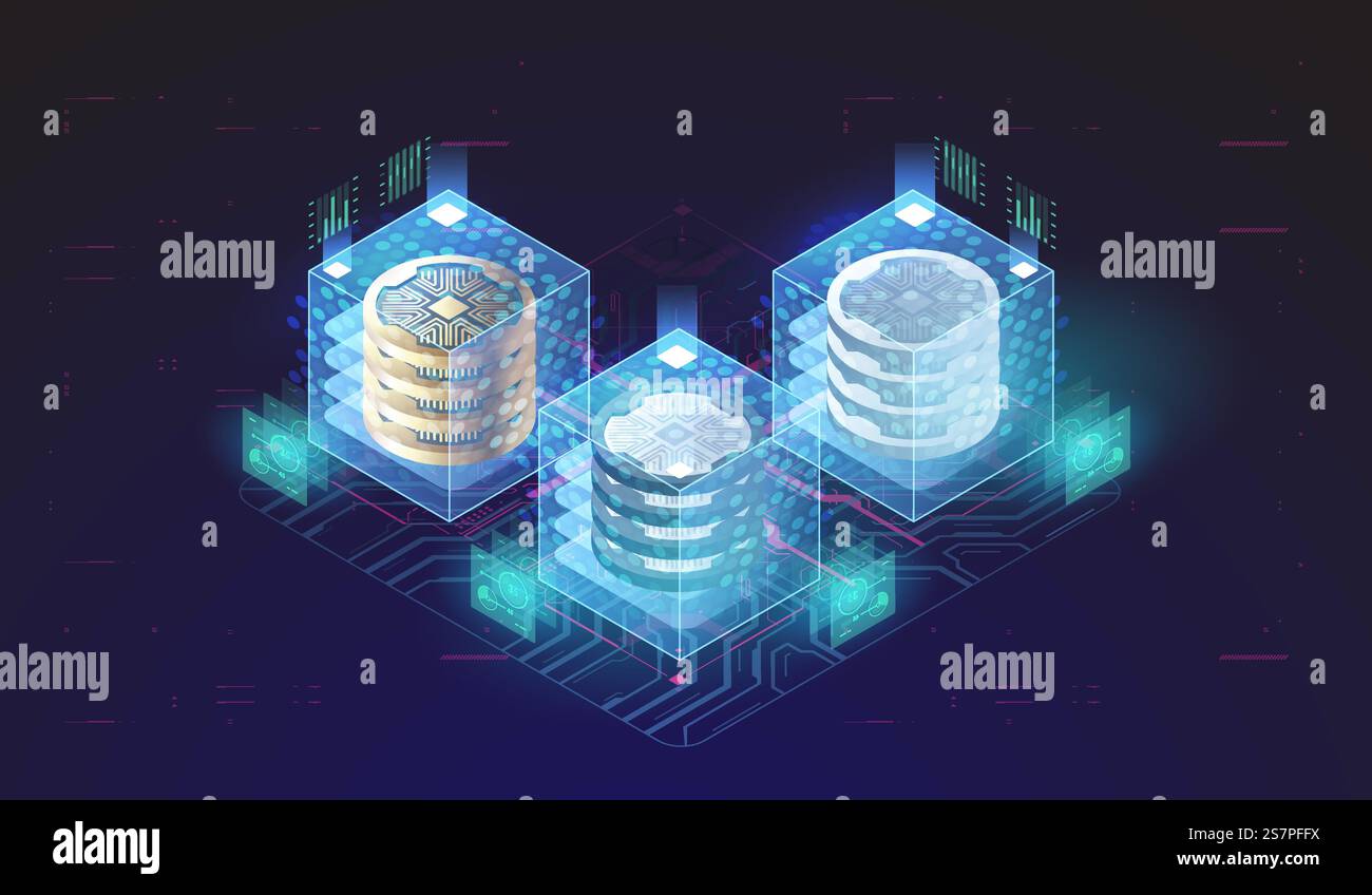 Kryptowährung und Blockchain-Konzept. Datenübertragung und -Verarbeitung. Finanztechnologiekonzept. Stock Vektor