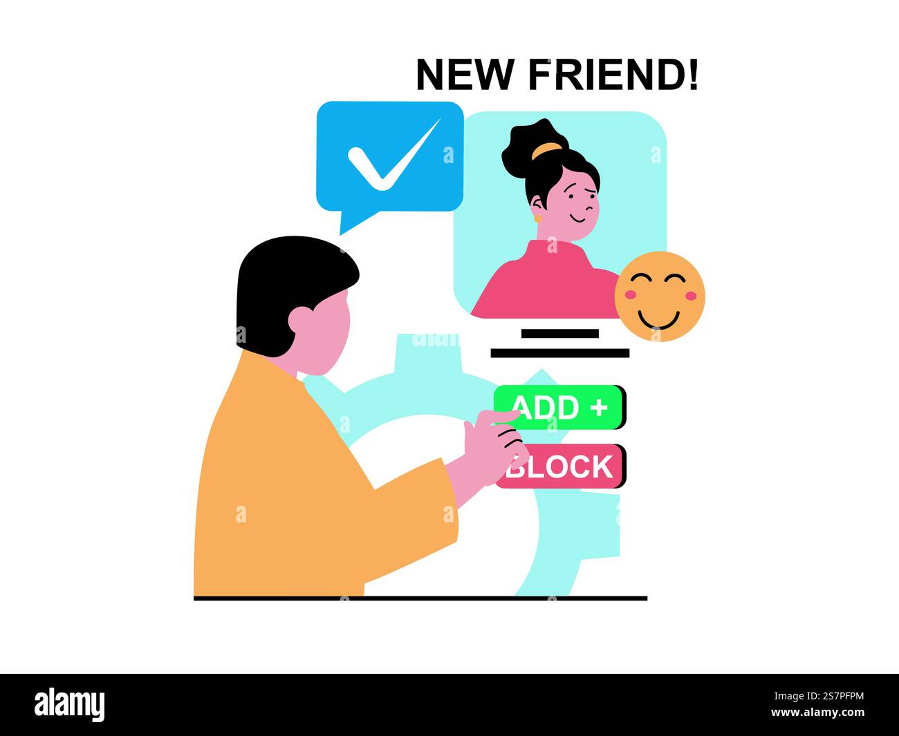 Soziales Netzwerkkonzept mit Charaktersituation. Der Mann hat eine Freundschaftsanfrage von einer Frau erhalten und entscheidet sich, das Profil hinzuzufügen oder zu blockieren. Vektorillustration mit Personenszene in flachem Design für Web Stock Vektor