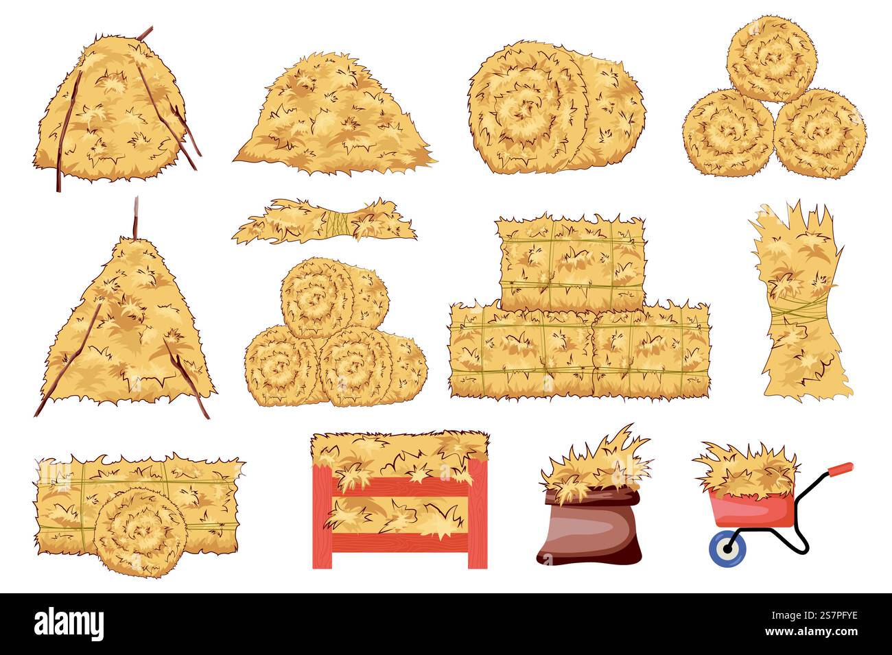 Heuballen setzen grafische Elemente in flachem Design. Bündel von Ballen aus Weizenstroh unterschiedlicher Form, Rollenstapeln, getrockneten Heuhaufen, in Beutel, Schubkarre oder Kiste lagern. Vektorillustration isolierte Objekte Stock Vektor