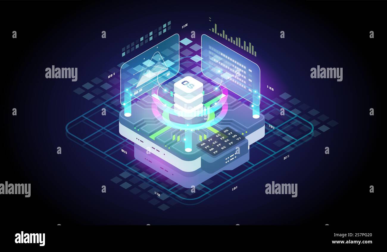 Isometrische technische Abbildung. Softwareentwicklung und -Programmierung. Webbanner Für Digitale Technologie. Big-Data-Computing. Analyse und Information. Stock Vektor