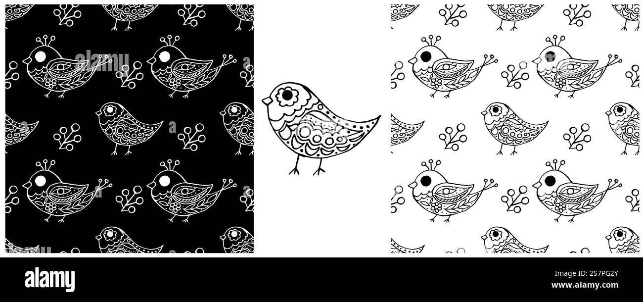 Volksvogel und Blumenschmuck. Einfarbige nahtlose Muster in handgezeichnetem Stil. Druck für Stoffdesign, Geschenkpapier, Kinderzimmerdekoration, e Stock Vektor