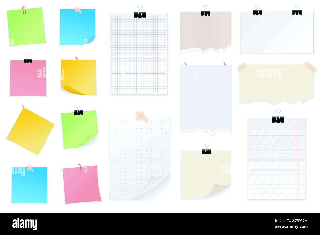 Notizpapiere setzen grafische Elemente in flacher Form. Bündel verschiedener Notizbuchblätter, zerrissene Papierstücke, farbige Aufkleber mit Klebebändern, Stiften oder Clips. Vektorillustration isolierte Objekte Stock Vektor