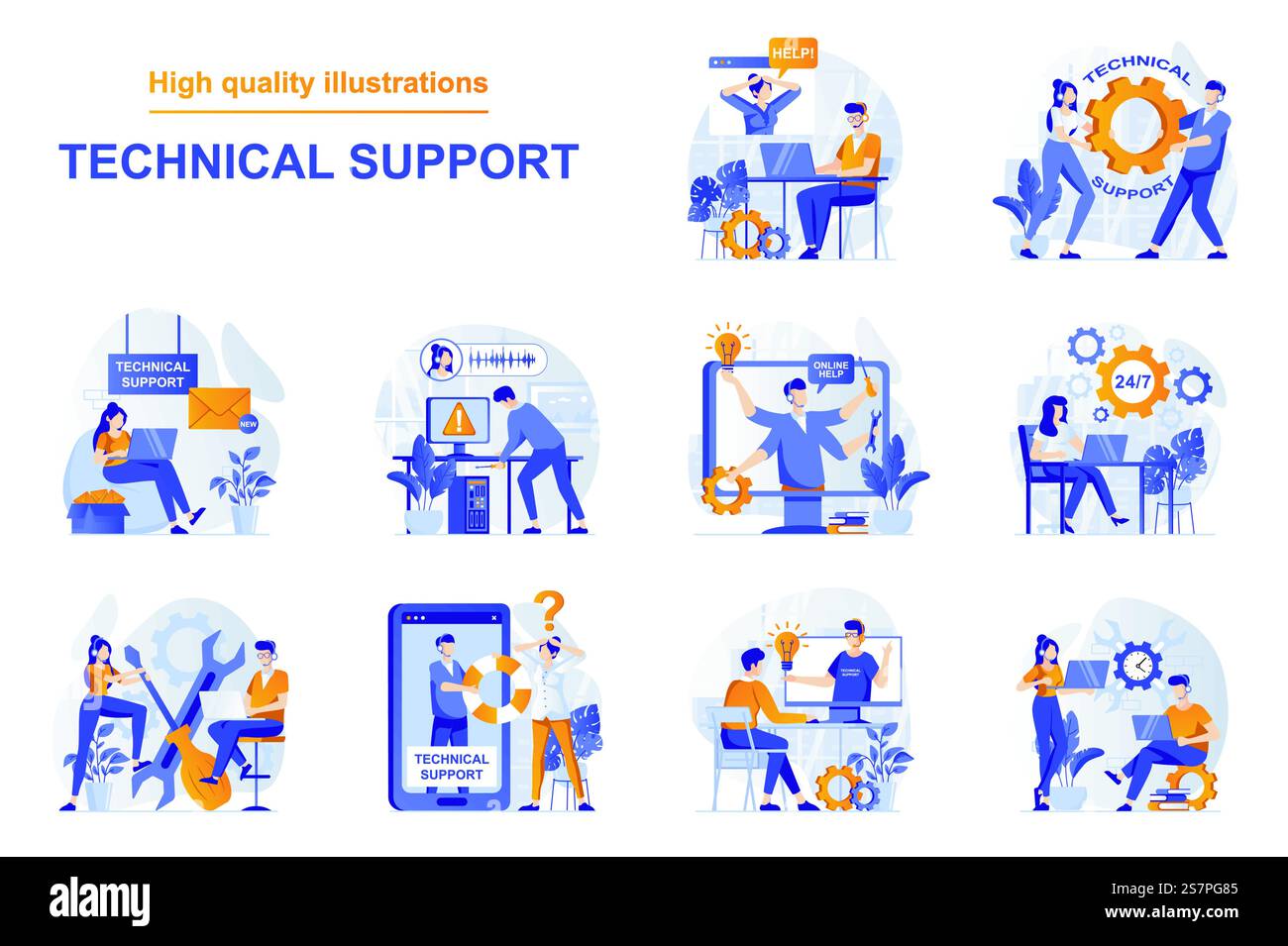 Web-Konzept für technischen Support mit Personenszenen im flachen Stil. Paket mit Kundenservice, Lösung technischer Probleme über Online-Chat und -Anrufe, Feedback. Vektorillustration mit Zeichendesign Stock Vektor
