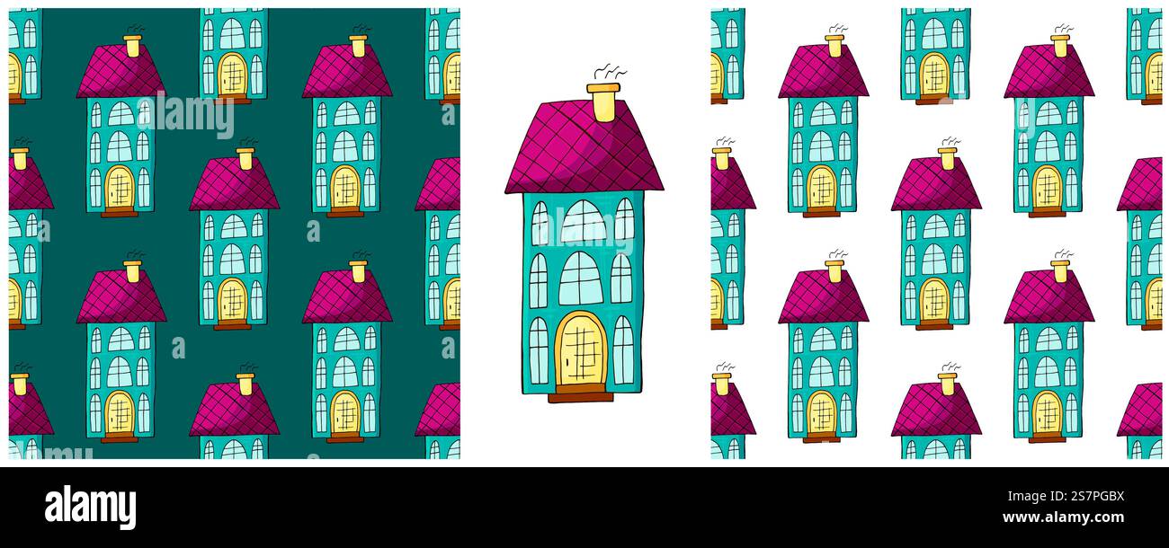 Blaue Häuser. Setze ein süßes, nahtloses Muster für die Stadt. Muster in handgezeichnetem Stil für Stoffe Stock Vektor
