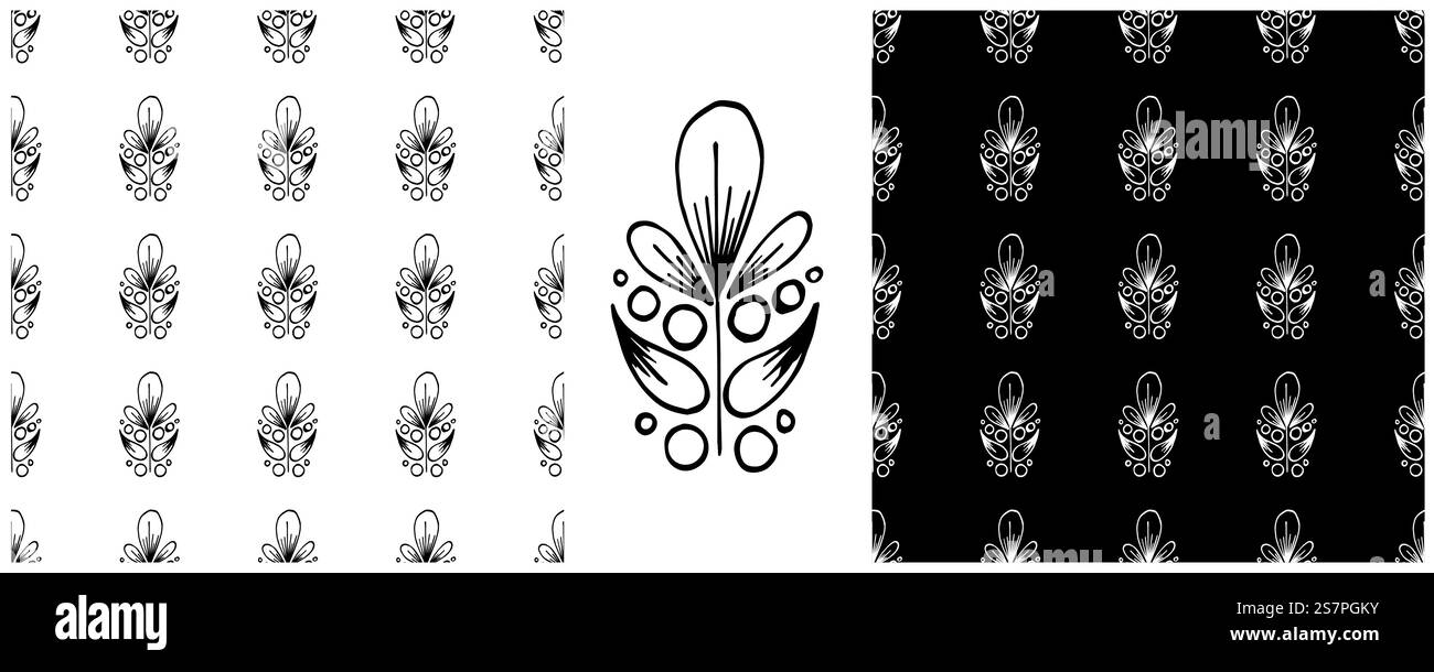 Nahtlose Schwarzweißmuster. Blumenschmuck. Muster im handgezeichneten Stil. Druck für Stoffdesign, Textil, Stoff, Tapeten, Geschenkpapier, E Stock Vektor