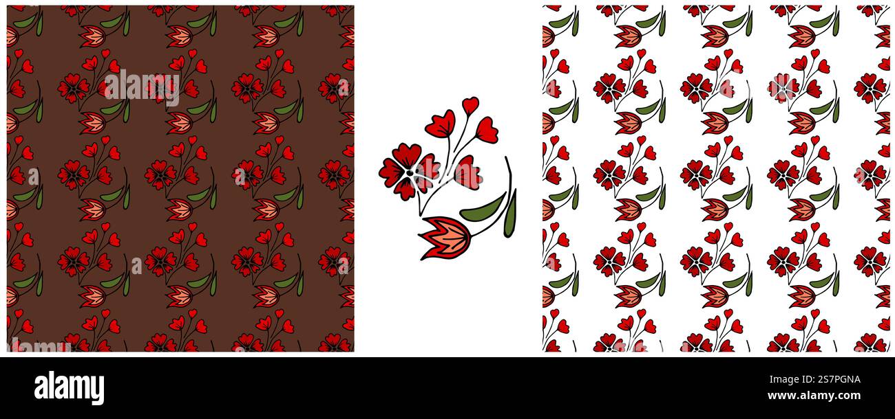 Legen Sie nahtlose Muster fest. Farbenfrohe Blumen mit Boho-Muster im skandinavischen Cottagecore-Stil. Druck für Stoffdesign, Textil, Verpackung, Deko Stock Vektor