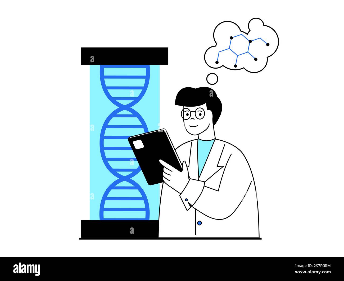 Medizinisches Konzept mit Charaktersituation. Doktor Forscher, der Chromosomentests macht und dna Molekül erforscht, Gentechnik. Vektorillustration mit Personenszene in flachem Design für Web Stock Vektor Medizinisches Konzept mit Charaktersituation. Doktor Forscher, der Chromosomentests macht und dna Molekül erforscht, Gentechnik. Vektorillustration mit Personenszene in flachem Design für Web Stock Vektor