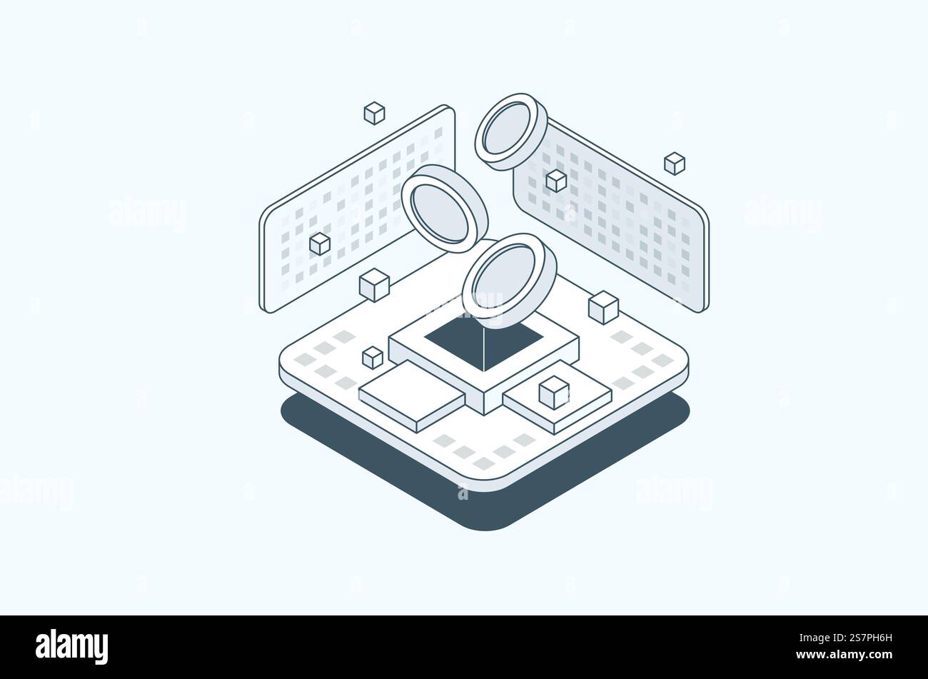 Kryptowährung und Blockchain-Konzept. Datenübertragung und -Verarbeitung. Finanztechnologiekonzept. Stock Vektor