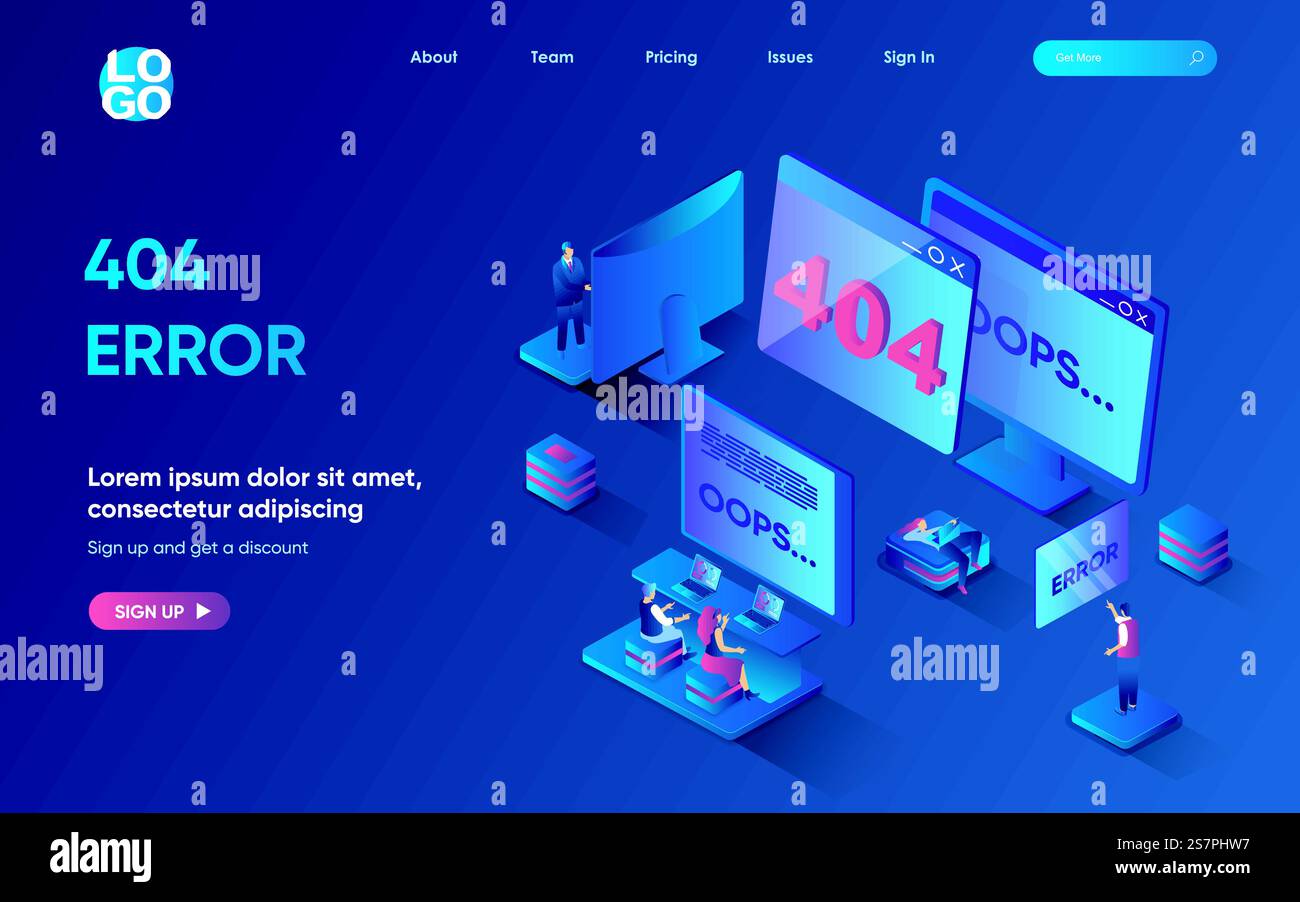 404 Fehler Konzept 3d isometrische Web-Landingpage. Leute, die im technischen Support arbeiten und Probleme lösen und die Internetseite am Bildschirm trennen. Vektorillustration für Webvorlagen-Design Stock Vektor