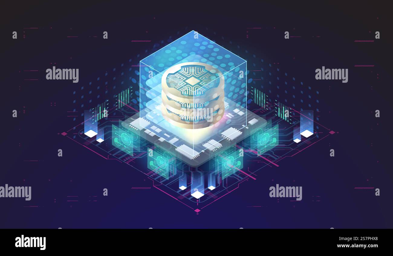 Kryptowährung und Blockchain-Konzept. Datenübertragung und -Verarbeitung. Finanztechnologiekonzept. Stock Vektor