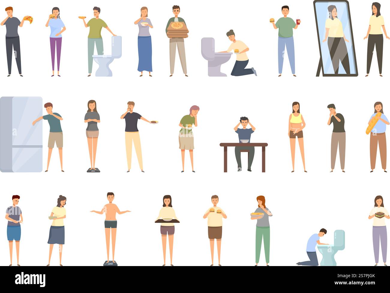 Bulimie-Symbole setzen Cartoon-Vektor. Fettes Essen. Diätessen. Bulimie-Symbole setzen Cartoon-Vektor. Fettes Essen Stock Vektor