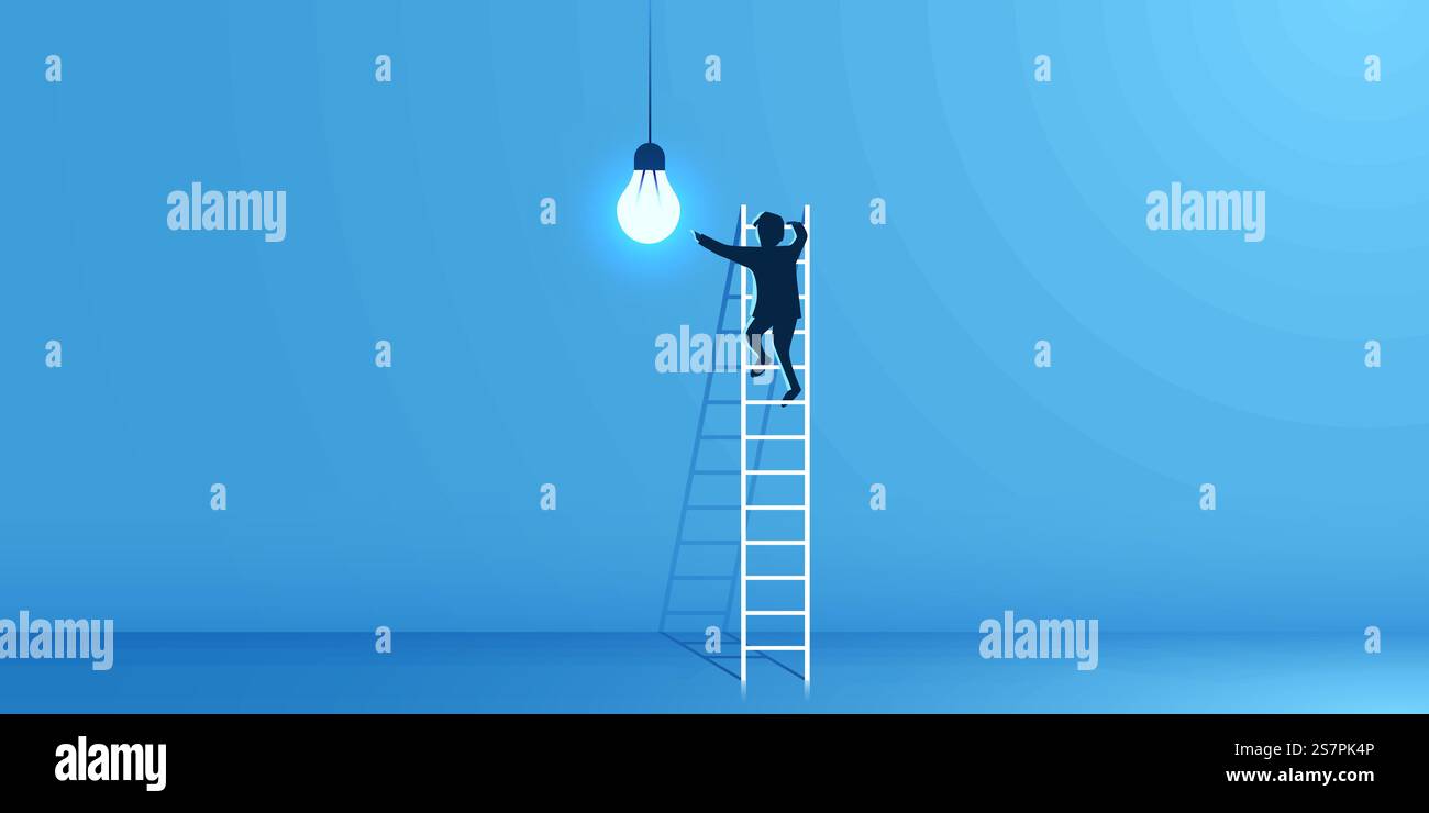 Mensch steigt die Treppe zur Glühbirne. Idee, Ziel und Innovationskonzept. Vektorabbildung. Mensch steigt die Treppe zur Glühbirne. Idee, Ziel und Innovationskonzept. Stock Vektor