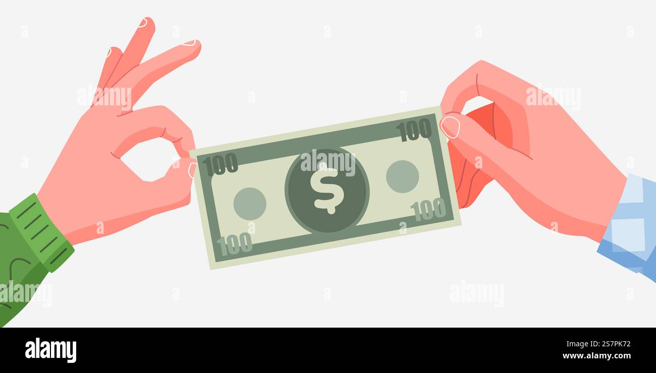 Hand hält Geld und gibt es einem anderen. Gehalt, Wohltätigkeitsorganisation und Finanzierungskonzept. Moderner flacher Stil. Isoliert auf weißem Hintergrund. Vektorabbildung. Hand hält Geld und gibt es einem anderen. Gehalt, Wohltätigkeitsorganisation und Finanzierungskonzept. Moderner flacher Stil. Isoliert auf weißem Hintergrund. Stock Vektor