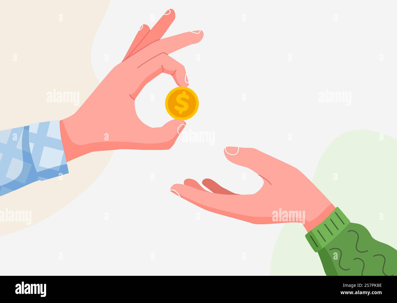 Eine Hand hält eine Münze und gibt sie einer anderen. Gehalt, Wohltätigkeitsorganisation und Finanzierungskonzept. Moderner flacher Stil. Isoliert auf weißem Hintergrund. Vektorabbildung. Eine Hand hält eine Münze und gibt sie einer anderen. Gehalt, Wohltätigkeitsorganisation und Finanzierungskonzept. Moderner flacher Stil. Isoliert auf weißem Hintergrund. Stock Vektor
