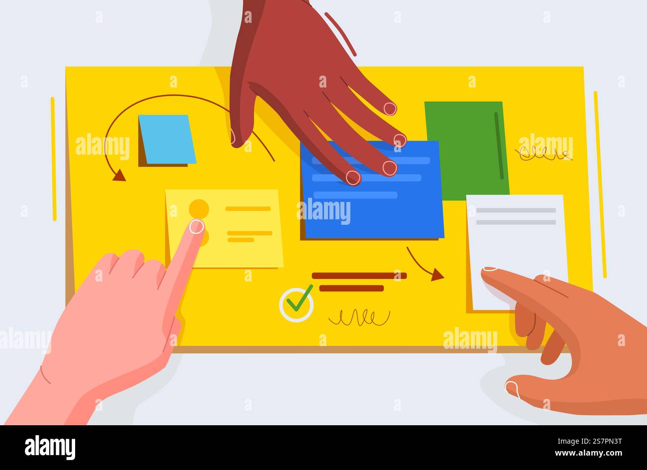 Die Planung des Entwicklungsteams für Unternehmenssoftware arbeitet zusammen. Scrum Methodology Tasks Board voller Aufgaben auf Haftnotizkarten. Hände kleben und schreiben auf das Brett. Vektorabbildung... Die Planung des Entwicklungsteams für Unternehmenssoftware arbeitet zusammen. Scrum Methodology Tasks Board voller Aufgaben auf Haftnotizkarten. Hände kleben und schreiben auf das Brett. Stock Vektor