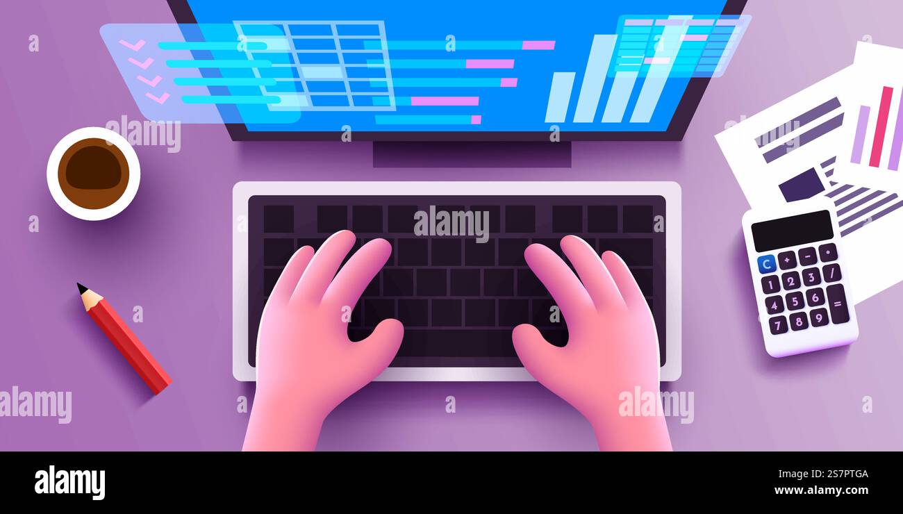 Niedliche 3D-menschliche Hände arbeiten auf einer Computertastatur. Analyse- und Rechnungslegungskonzept für Finanzunternehmen. Blick von oben. Vektorabbildung. Niedliche 3D-menschliche Hände arbeiten auf einer Computertastatur. Analyse- und Rechnungslegungskonzept für Finanzunternehmen. Blick von oben. Stock Vektor