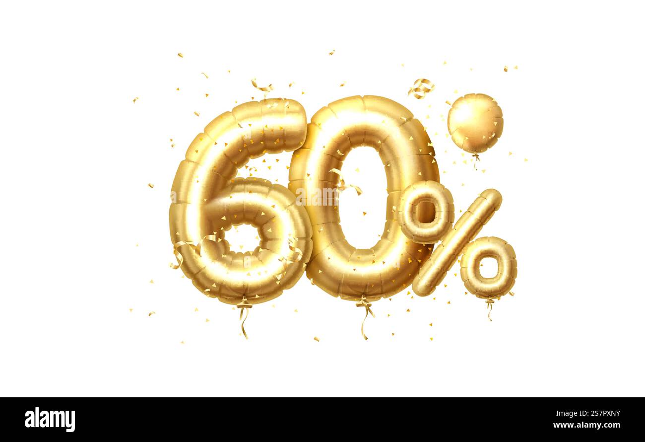 60 Ballons, Rabattverkauf, Ballon in Form einer Ziffer, goldenes Konfetti. Vektorabbildung... 60 Ballons, Rabattverkauf, Ballon in Form einer Ziffer, goldenes Konfetti. Vektor Stock Vektor