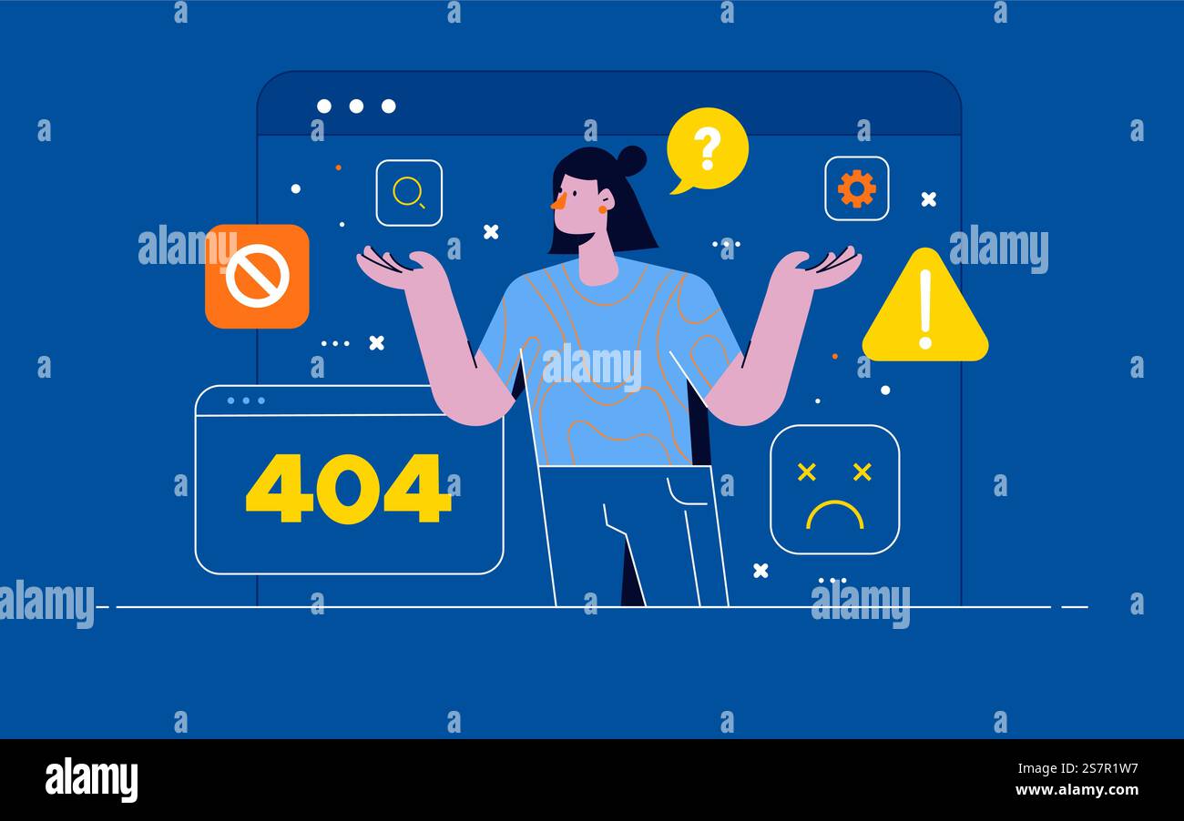 404 Meldung zum Problem mit der Internetverbindung. Konzept Betriebssystemfehler Warnung für Webseite, Banner, Präsentation, soziale Medien. Die Zeichentrickfigur der Frau verwirrte Geste. Vektorabbildung Stock Vektor