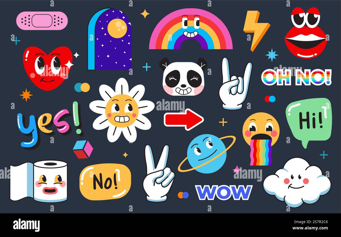 Satz verschiedener Patches, Stifte, Stempel oder Aufkleber. Abstrakte lustige, süße Comic-Charaktere. Verschiedene Sätze und Wörter. Handgezeichneter trendiger Cartoon-Stil. Vektorabbildung Stock Vektor