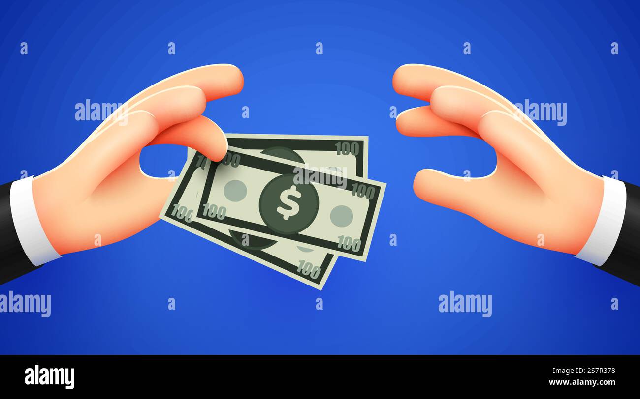 Hand hält Geld und gibt es einem anderen. Gehalt, Wohltätigkeitsorganisation und Finanzierungskonzept. Moderner 3D-Stil. Isoliert auf weißem Hintergrund. Vektorabbildung. Hand hält Geld und gibt es einem anderen. Gehalt, Wohltätigkeitsorganisation und Finanzierungskonzept. Moderner 3D-Stil. Isoliert auf weißem Hintergrund. Stock Vektor