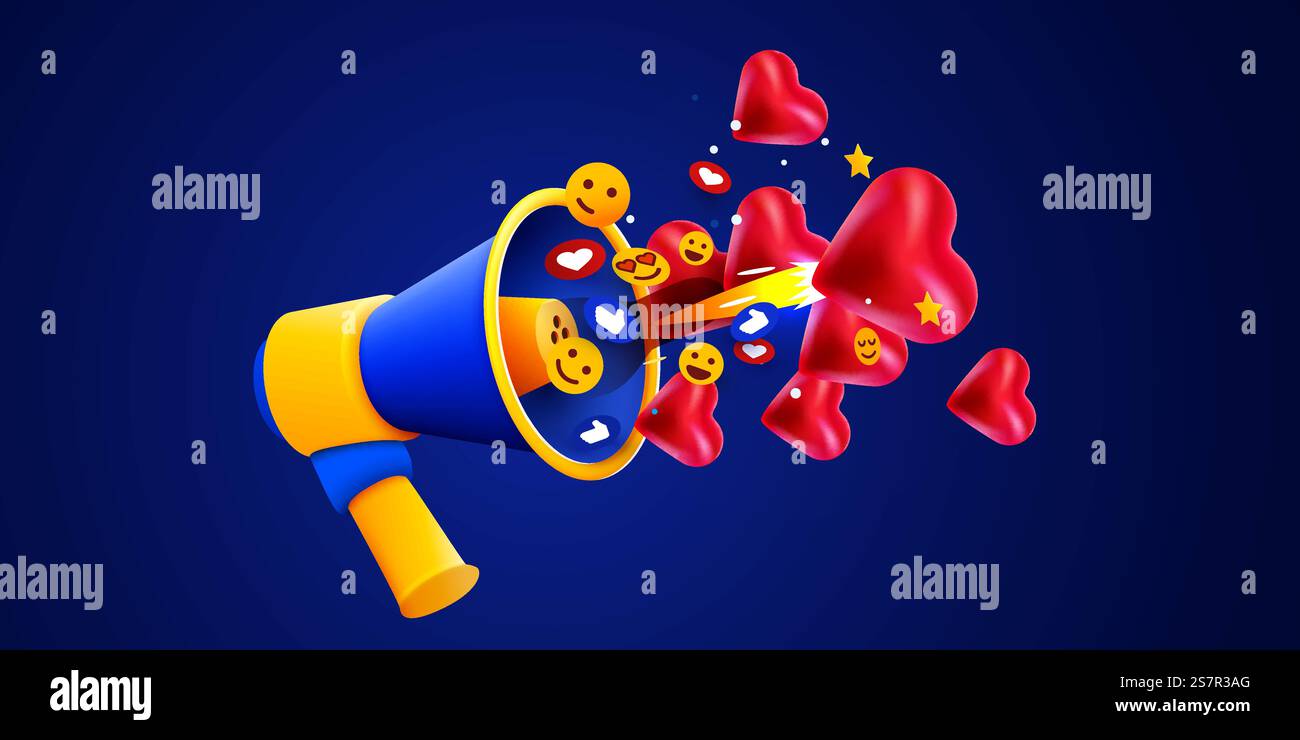 Megaphon mit fliegenden Social-Media-Symbolen. Konzept der Geschäftsankündigung. Vektorabbildung. Megaphon mit fliegenden Social-Media-Symbolen. Konzept der Geschäftsankündigung. Stock Vektor