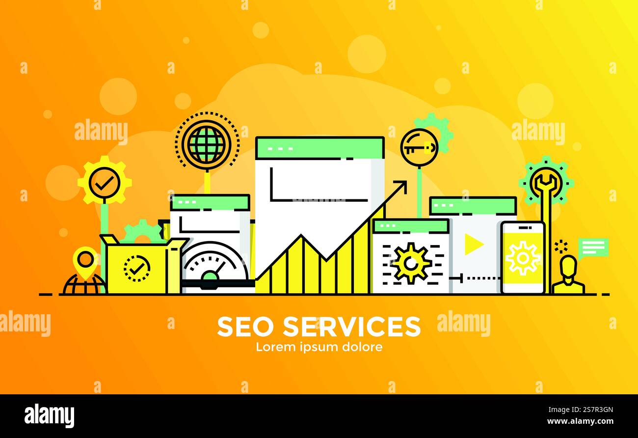 Dünne Linie glatter Verlauf flaches Design-Banner der Seo-Dienste für Websites und mobile Websites, einfach zu bedienen und in hohem Maße anpassbar. Modernes Vektor-Illustrationskonzept, isoliert auf weißem Hintergrund. Stock Vektor