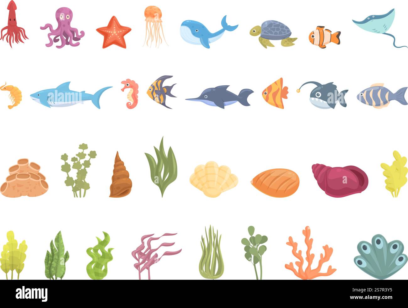 Meeresboden-Symbole setzen Cartoon-Vektor. Wilde Meerestiere. Unterwassertiere. Meeresboden-Symbole setzen Cartoon-Vektor. Wilde Meerestiere Stock Vektor