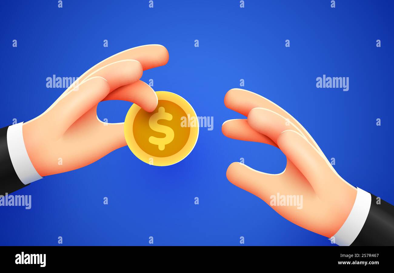 Die Hand hält eine Münze und gibt sie einer anderen. Gehalt, Wohltätigkeitsorganisation und Finanzierungskonzept. Moderner 3D-Stil. Vektorabbildung. Die Hand hält eine Münze und gibt sie einer anderen. Gehalt, Wohltätigkeitsorganisation und Finanzierungskonzept. Moderner 3D-Stil. Stock Vektor