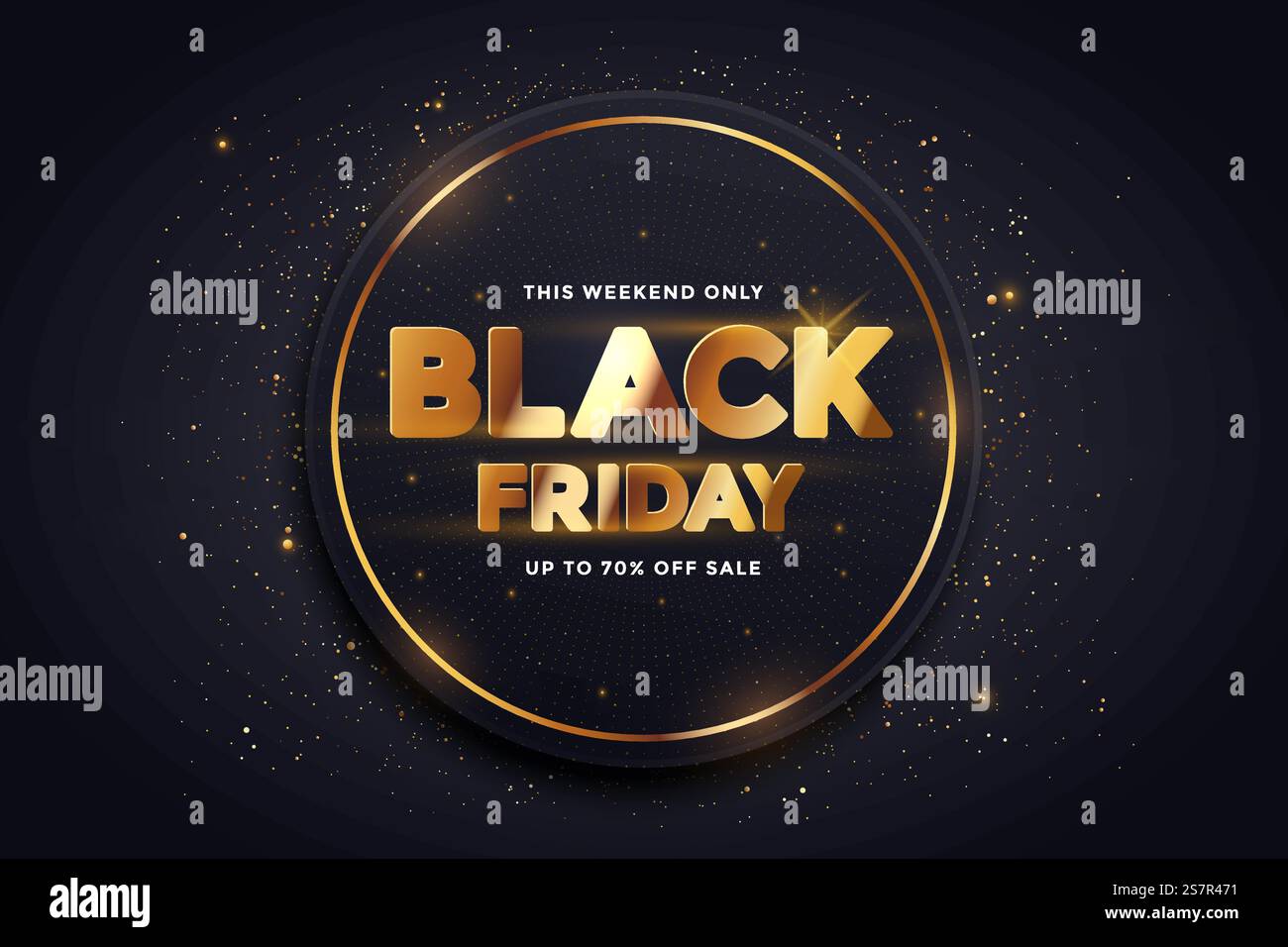 Black Friday Sale Bannerdesign. Verkaufsaktion mit goldenem Buchstaben-Schild mit Glitzern auf geometrischem Kreis Hintergrund mit goldenen Konfetti-Partikeln. Vorlage für Werbeplakate. Vektorabbildung Stock Vektor