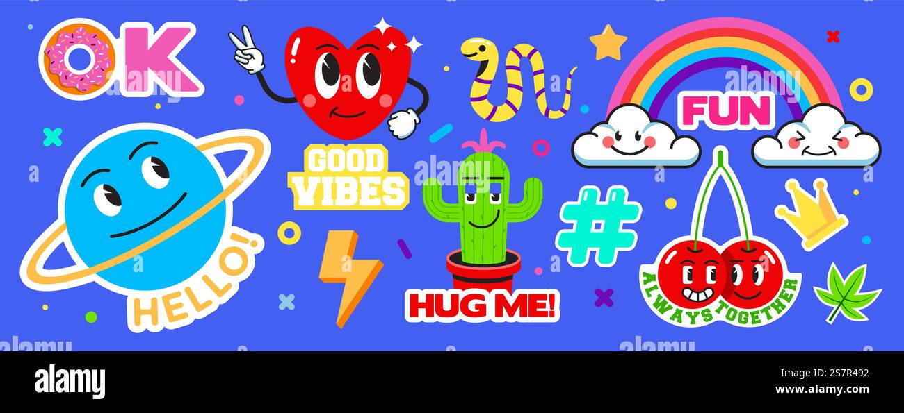 Satz verschiedener Patches, Stifte, Stempel oder Aufkleber. Abstrakte lustige, süße Comic-Charaktere. Verschiedene Sätze und Wörter. Handgezeichneter trendiger Cartoon-Stil. Vektorabbildung Stock Vektor