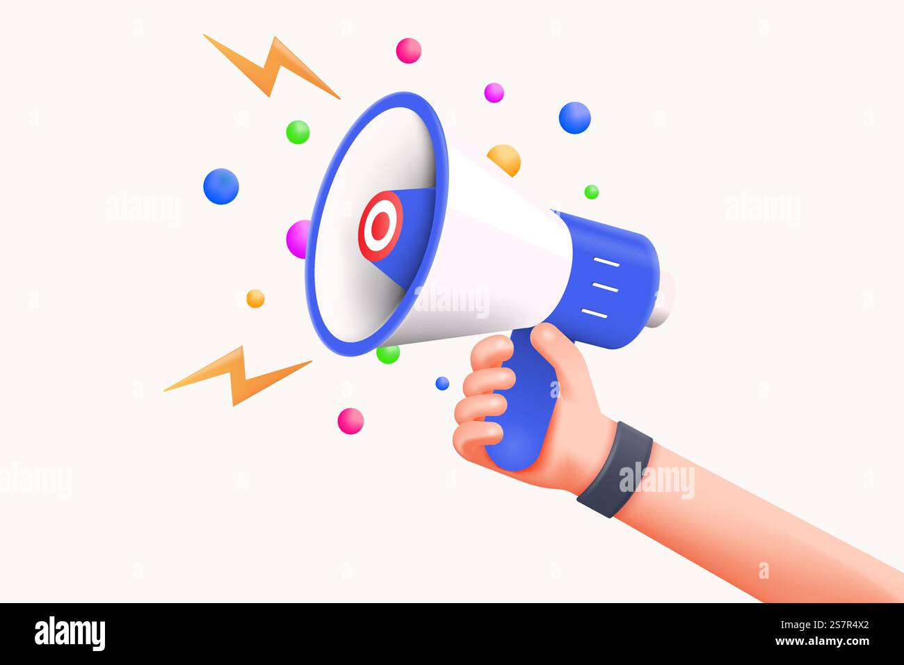 Cartoon Hand mit Megaphon 3D-Rendering auf weißem Hintergrund mit Kopierraum. Digitales Marketingkonzept. 3D-Vektor-Illustration Stock Vektor