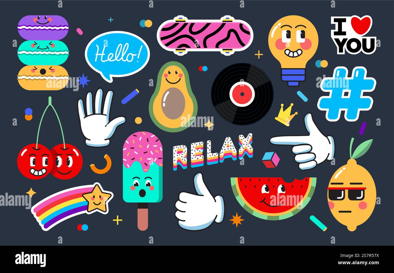 Satz verschiedener Patches, Stifte, Stempel oder Aufkleber. Abstrakte lustige, süße Comic-Charaktere. Verschiedene Sätze und Wörter. Handgezeichneter trendiger Cartoon-Stil. Vektorabbildung Stock Vektor