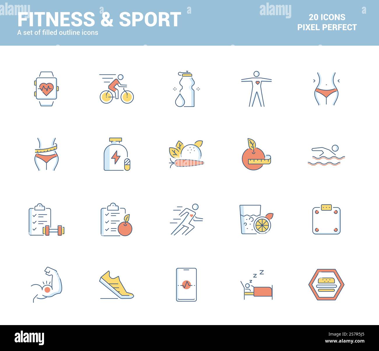 Set mit flachen Symbolen für das Thema Fitness und Sport, geeignet für mobile Konzepte, Webanwendungen, Printmedien und Infografiken. Vektorabbildung Stock Vektor