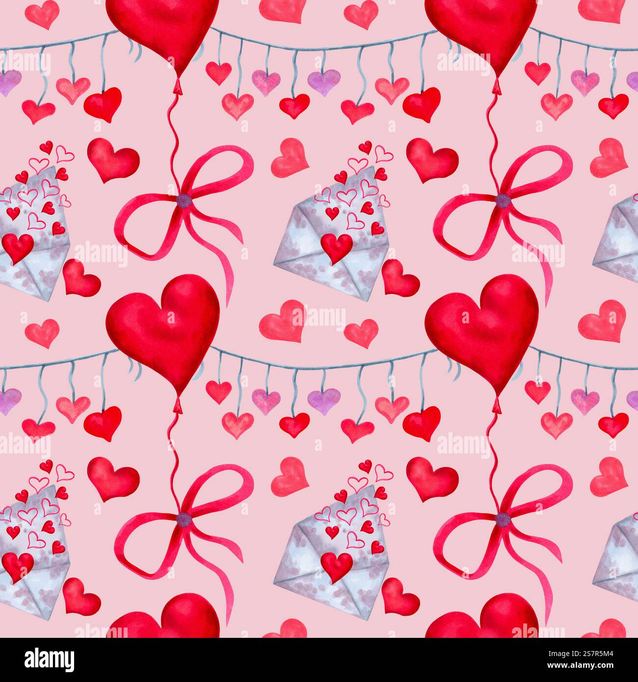 Herzballon mit Umschlag und Schleife, Girlande. Nahtloses Muster. Für romantische Valentinstag-Dekoration. Aquarellabbildung. Isoliert von Hand gezogen Stockfoto