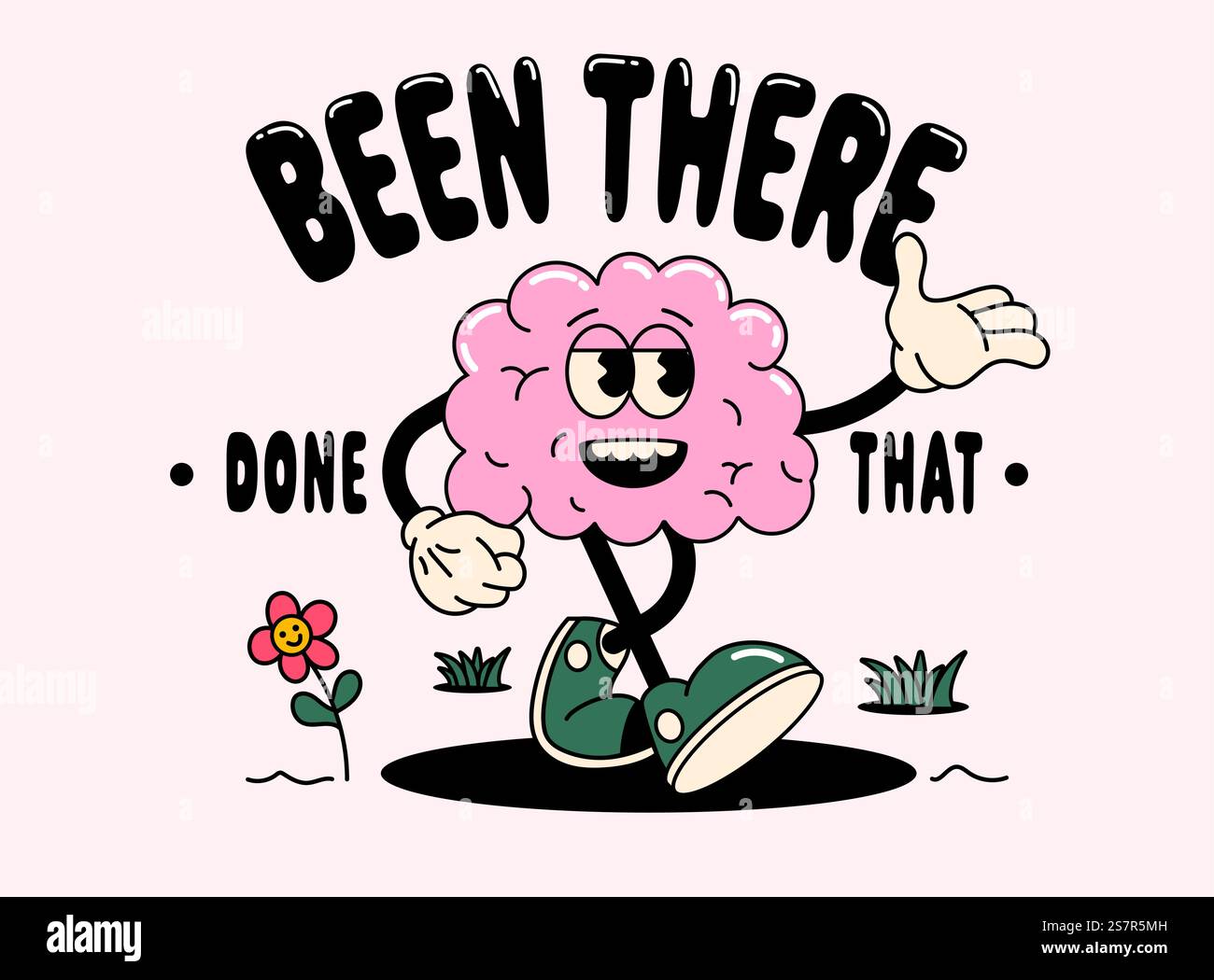 Lustige Zeichentrickfigur des Gehirns. Kann als Aufkleber, Poster, Drucke verwendet werden. Die Comic-Elemente im trendigen Retro-Cartoon-Stil. Vektorabbildung Stock Vektor