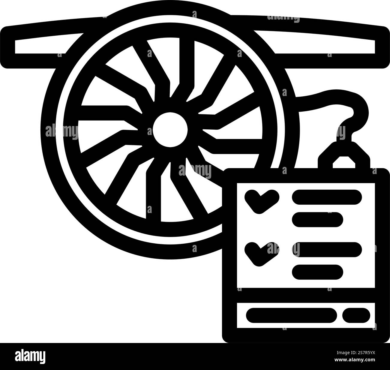 Motordiagnose Symbolvektor für Flugzeuglinie. Triebwerkdiagnose Flugzeugschild. Schwarze Abbildung des isolierten Kontursymbols. Motordiagnose Flugzeuglinie Vektorillustration Stock Vektor