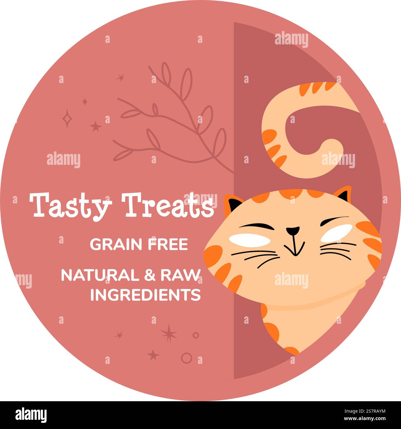 Naturfutter für Haustiere ohne künstliche Farb- und Konservierungsstoffe. Toller Geschmack von Katzenschmeckern. Umweltfreundliche Verpackung. Etikett oder Emblem für Paket, Logo-Symbol-Vektor in flacher Form. Leckere Zutaten ohne Getreide Stock Vektor