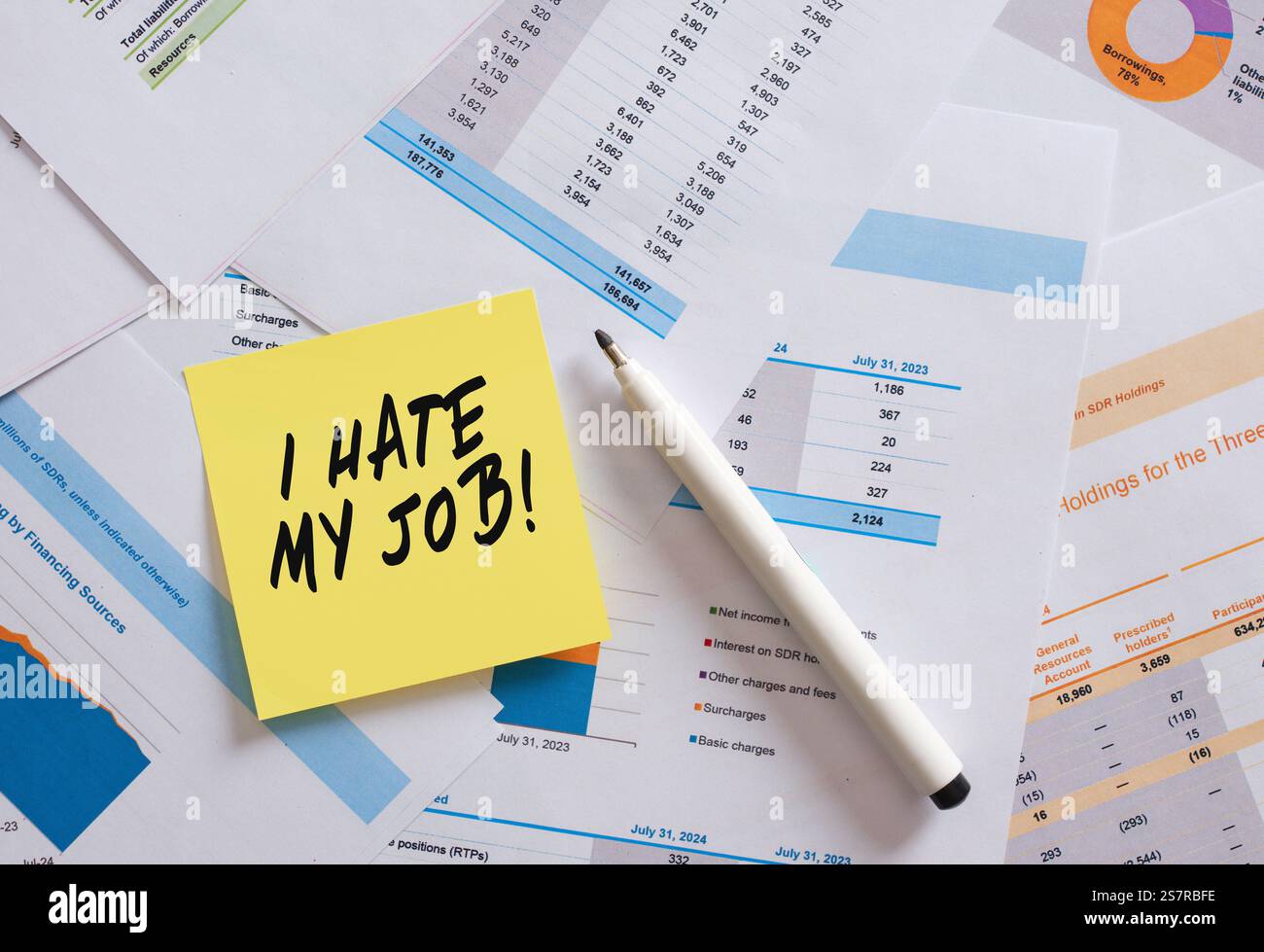 Haftnotiz mit der Aufschrift Ich hasse meinen Job! Auf Finanzdokumenten platziert, drückt Unzufriedenheit der Mitarbeiter aus Stockfoto
