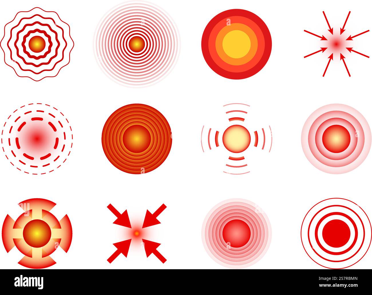 Schmerzkreise rot. Lokale Schmerzstellen, Gelenk- und Muskelschmerzen. Migräne und Bauchschmerzen, Kopfschmerzmedizin. Hurt-Lokalisationsmarker-Designelement für Schmerzmittel-Pillen. Vektor isoliert auf weißem Set. Schmerzkreise rot. Lokale Schmerzstellen, Gelenk- und Muskelschmerzen. Migräne und Bauchschmerzen, Kopfschmerzmedizin. Hurt-Lokalisationsmarker-Designelement für Schmerzmittel-Pillen. Vektor-isolierter Satz Stock Vektor