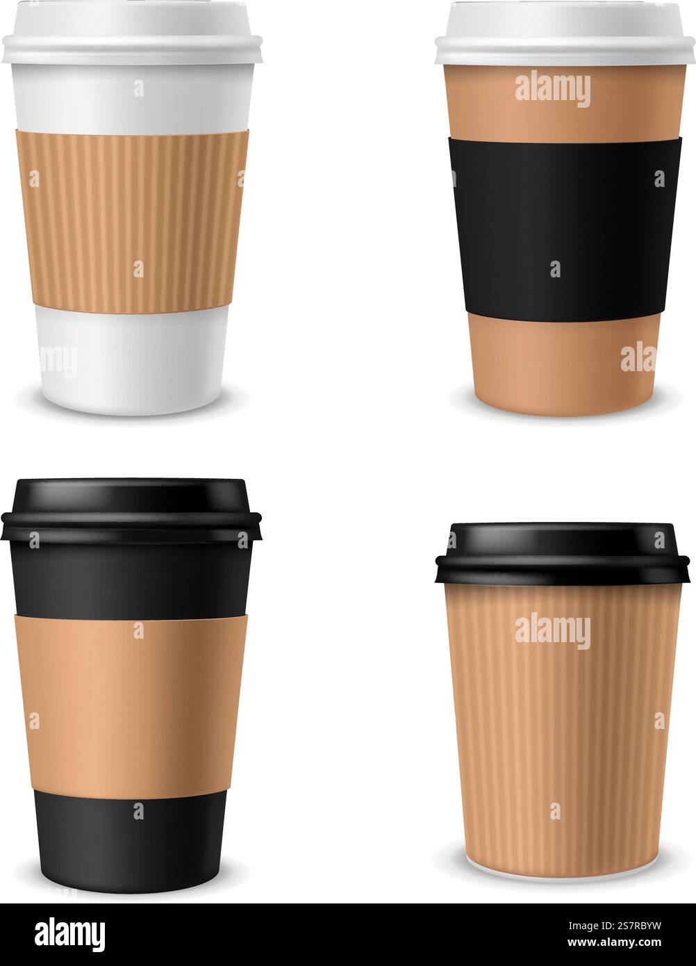 Tassen Kaffeepapier. Realistische Tasse zum Mitnehmen mit Kunststoffkappe, leerer brauner weißer und schwarzer Behälter mit Deckel für heiße Getränke mit Morgenduft Latte Mocha Cappuccino. Paket Modell Vektor 3D isoliert Set. Tassen Kaffeepapier. Realistische Tasse zum Mitnehmen mit Kunststoffkappe, leerer brauner weißer und schwarzer Behälter mit Deckel für heiße Getränke mit Latte Mocha Cappuccino am Morgen. Paket Modell Vektor isoliert Set Stock Vektor