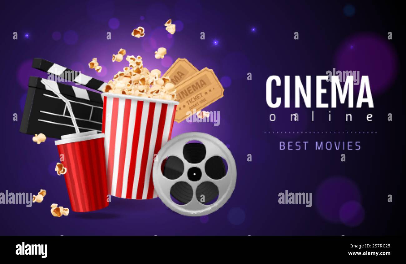 Realistisches Popcorn-Kino. Filmguck-Konzept, Online-Filmshow-Unterhaltung, 3D-Kinoobjekte, zwei Karten, Imbiss und Getränk. Werbeflyer mit Kopierbereich. Vektor-Poster horizontal isoliert. Realistisches Popcorn-Kino. Filmguck-Konzept, Online-Filmshow-Unterhaltung, 3D-Kinoobjekte, zwei Karten, Imbiss und Getränk. Flyer für Werbeaktionen. Vektor-Poster horizontal isoliert Stock Vektor