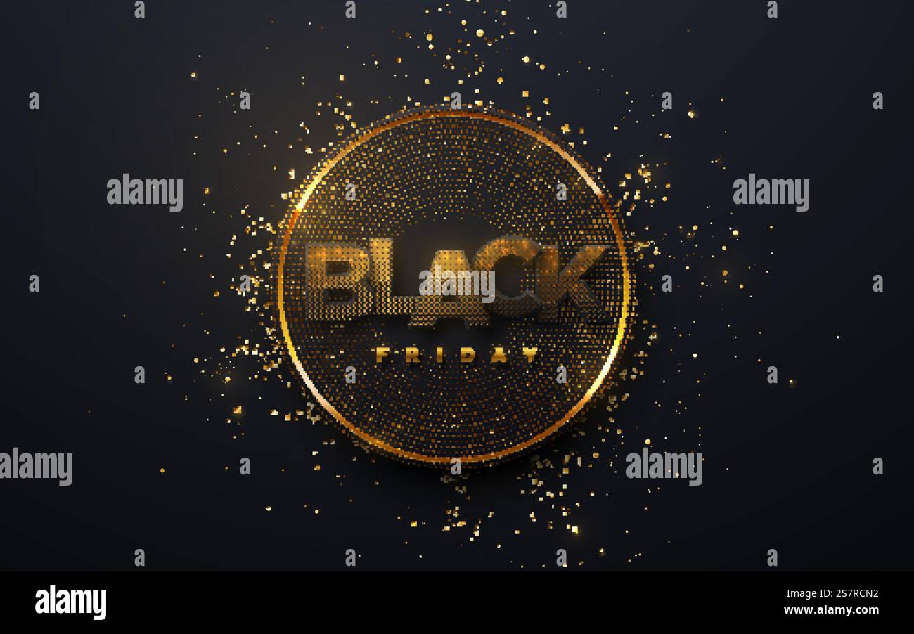 Black Friday Sale Bannerdesign. Vektor-Illustration mit schwarzem Papierbuchstabenschild mit Glitzern auf geometrischem Kreis Hintergrund mit goldenen Konfetti-Partikeln. Vorlage für Werbeplakate. Black Friday Sale Bannerdesign Stock Vektor