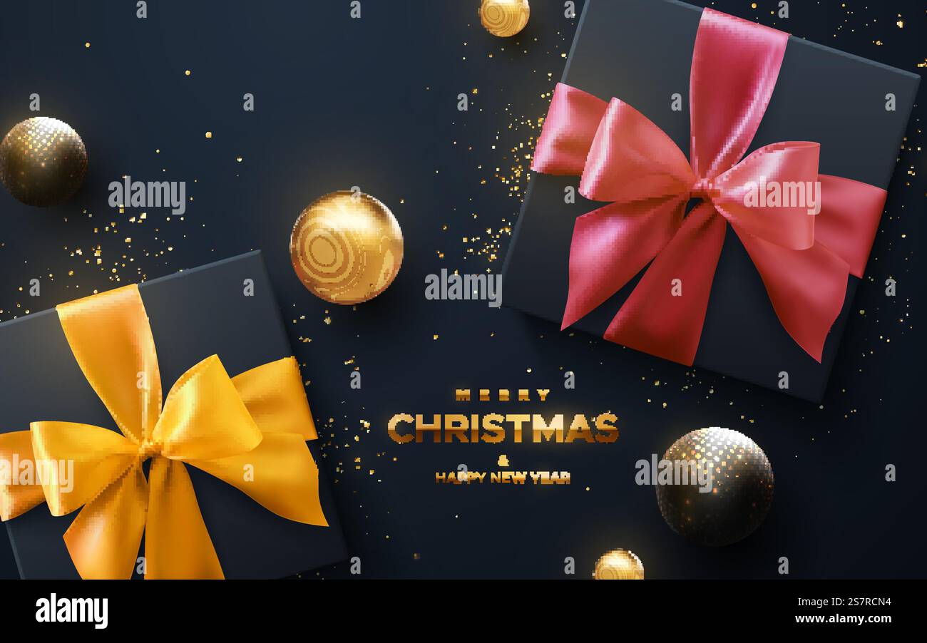 Frohe Weihnachten und glückliches neues Jahr, goldenes Zeichen. Schwarze Geschenkboxen mit rosa und gelben Schleife und Bändern auf schwarzem Hintergrund. 3D-Illustration für Vektor-Feiertage. Geschenke mit Goldkugeln und Konfetti-Partikeln. Frohe Weihnachten und glückliches neues Jahr, goldenes Zeichen. Schwarze Geschenkboxen mit rosa und gelben Schleife und Bändern auf schwarzem Hintergrund. Stock Vektor