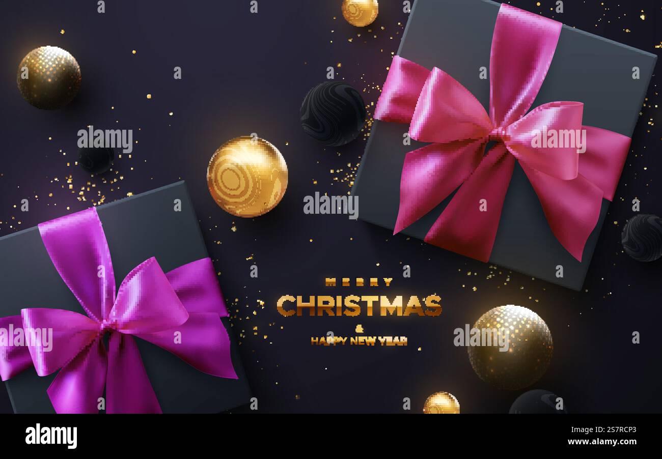 Frohe Weihnachten und glückliches neues Jahr, goldenes Zeichen. Schwarze Geschenkboxen mit rosa und lila Schleife und Bändern auf schwarzem Hintergrund. 3D-Illustration für Vektor-Feiertage. Geschenke mit Goldkugeln und Konfetti-Partikeln. Frohe Weihnachten und glückliches neues Jahr, goldenes Zeichen. Schwarze Geschenkboxen mit rosa und gelben Schleife und Bändern auf schwarzem Hintergrund. Stock Vektor