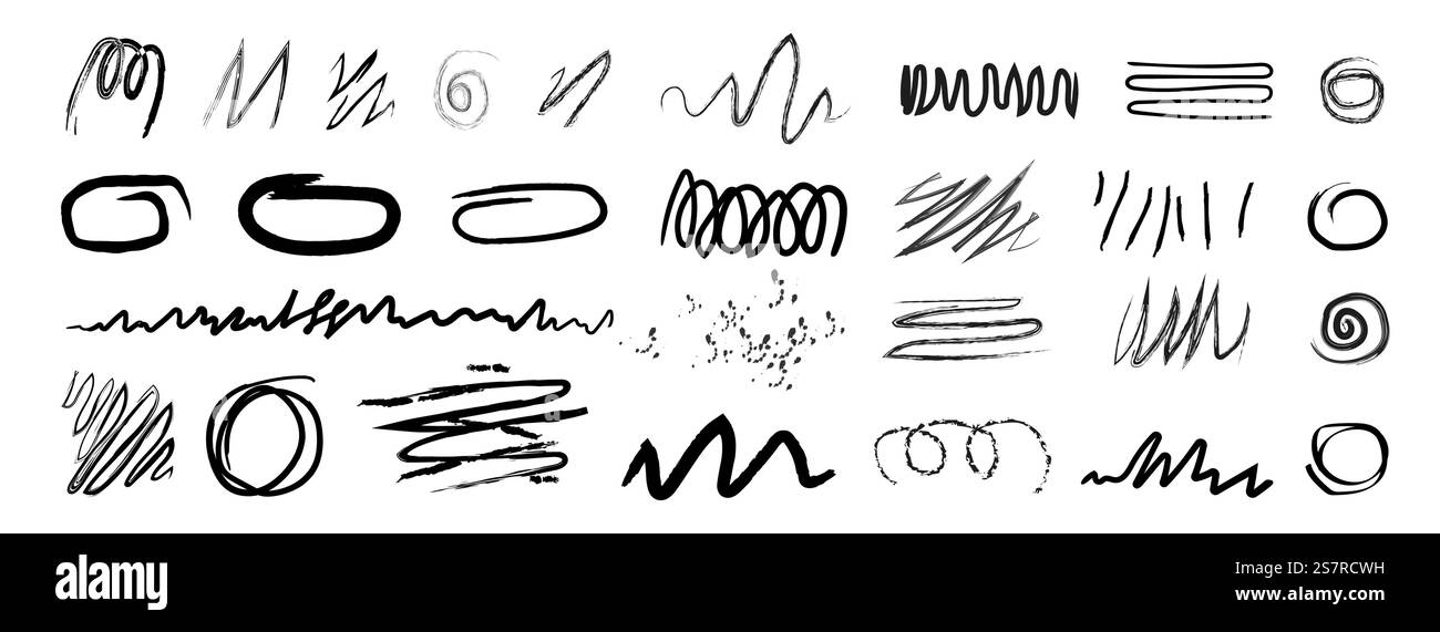 Schwarzer handgezeichneter Bleistift unterstreicht die Textur mit Kreide. Holzkohlemarker, die Pinselstriche zum Schleifen verwenden Stock Vektor