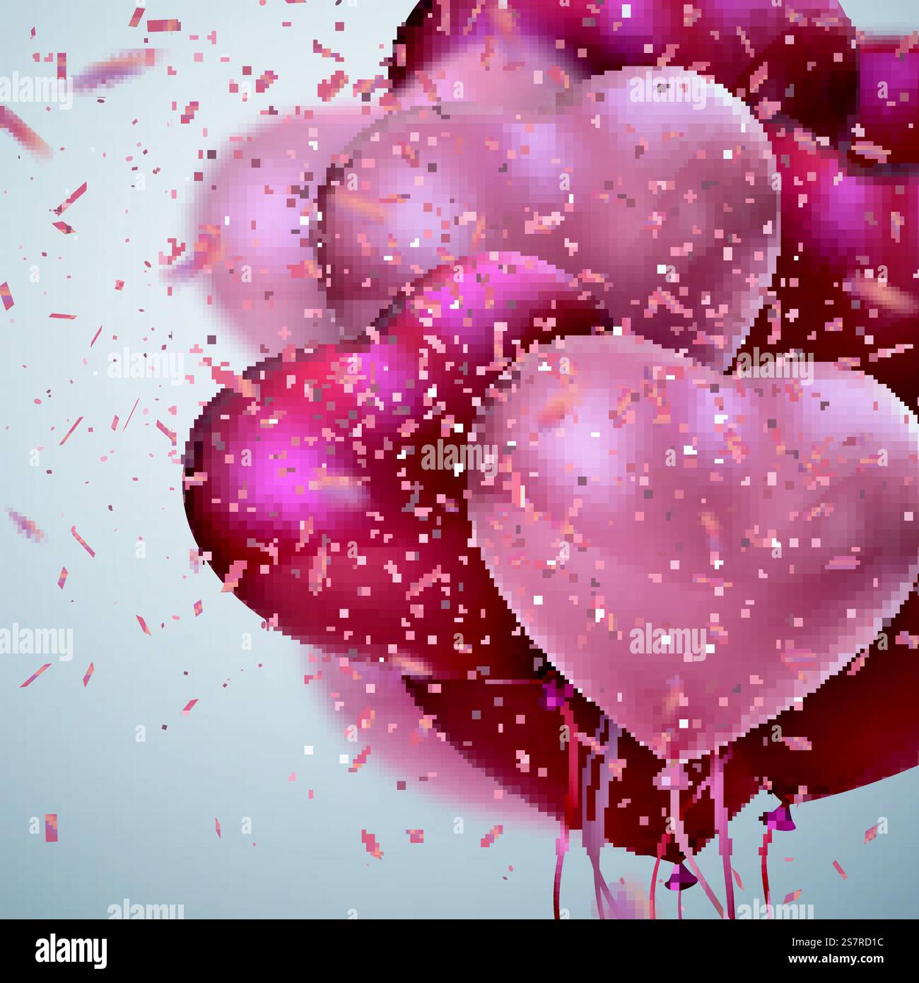 Ballon Hearts. Vektor-Feiertagsillustration von fliegendem Haufen roter und rosa Ballonherzen und glitzerndem Konfetti. Alles Gute Zum Valentinstag. Festliche romantische Dekoration. Hochzeitskonzept. Ballon Hearts. Vektor-Feiertagsillustration Stock Vektor